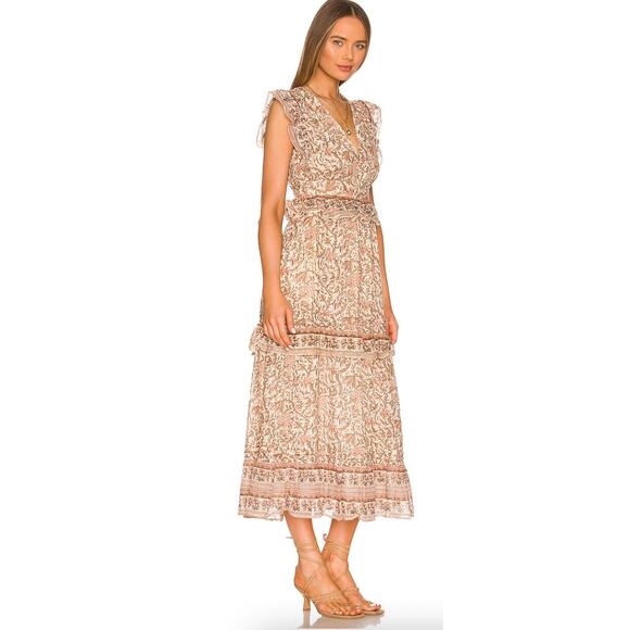 Cleobella Cherie Ankle Pink Brown Tiered Midi Dainty Ruffle dress zinnia Large - Picture 3 of 6